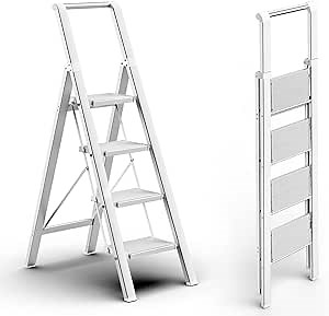 GameGem 4 Step Ladder Folding Step Stool Stepladders with Anti-Slip and Wide Pedal for Home and Kitchen Use Space Saving (Cream White)