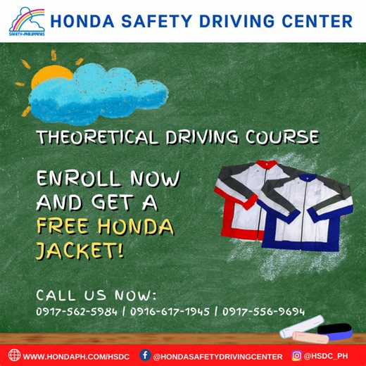 42 reactions · 22 comments | It's the rainy season! Enroll now in our 15-hour Theoretical Driving Course and get a free limited Honda Jacket on your first day! Limited stocks apply. Just take a screenshot of this post and present it to our front desk associate. For more information, kindly call 0917-617-1945 , 0917-562-5984 , 0917-556-9694. #HondaSafetyDrivingCenter #RoadSafetyForEveryone #OneHondaRoadSafety | Honda Safety Driving Center Philippines | Facebook
