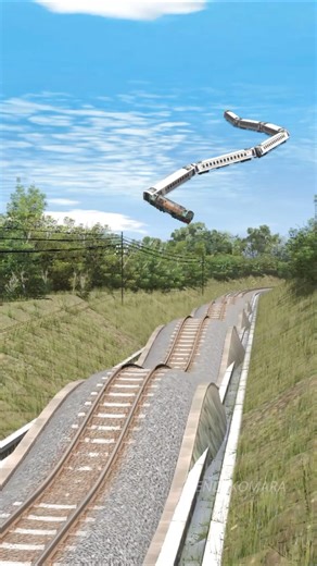 Kereta api terbang mendarat melewati rel bergelombang