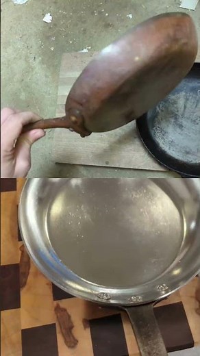 Before/after retinning two old Mauviel copper skillets. Tinned copper, the only eternal cookware