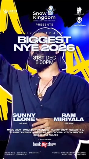 HJ Digital Solutions 🎯 on Instagram: "✨ HYDERABAD… ARE YOU READY?! ✨ The BIGGEST NEW YEAR’S EVE 2026 is here — and we’re bringing the ultimate celebration to HITEX! 🎆🔥 💫 SUNNY LEONE taking over as DJ! 🎤 RAM MIRIYALA LIVE with his electrifying band! 🎭 Magic • Dance • Fashion Show • Celebrity DJ • NYE Photobooth • Countdown • Best Couple Awards… and SO MUCH MORE! This isn’t just a party… ➡️ It’s the night Hyderabad will NEVER forget! 📅 31st December ⏰ 8 PM Onwards 📍 Hitex Exhibition Center