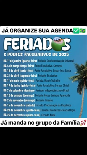 Denis Rocha on Instagram: "AS DATAS QUE TODO BRASILEIRO🇧🇷 PRECISA SABER✅️ Feriados e pontos facultativos: 1º de janeiro (quarta-feira): Confraternização Universal (feriado nacional) 3 de março (segunda-feira): Carnaval (ponto facultativo) 4 de março (terça-feira): Carnaval (ponto facultativo) 5 de março (quarta-feira): Quarta-Feira de Cinzas (ponto facultativo até as 14h) 18 de abril (sexta-feira): Paixão de Cristo (feriado nacional) 21 de abril (segunda-feira): Tiradentes (feriado nacional) 1