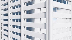 Sliding upward close up shot of exterior wall of abstract white high rise office building with reflection on mirror windows. Architectural background. Decorative 3D animation rendered in 4K.