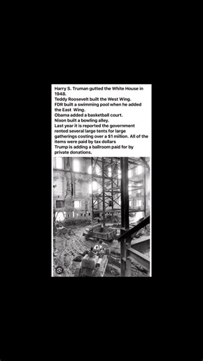 1) Truman “gutted” the White House (1948–52) • What: Full interior reconstruction; only the exterior walls remained. • Cost: $5.7M (sources estimate ~$60–$78M today). • Who paid: Congressional appropriation (taxpayers). • Sources: White House Historical Association and histories of the renovation. ￼ 2) Theodore Roosevelt built the (first) West Wing (1902) • What: Removed old conservatories; added a “temporary” executive office building that became the West Wing. • Cost: $65,000 (about ~$2M today