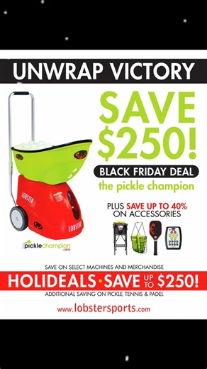 🏓 BLACK FRIDAY DEAL - $250 OFF the Pickle Champion! Rapidly up your pickleball game or gift this top-of-the-line ball machine to the pickleballer in your life! Drill for hours without relying on anyone else, create & save custom drills to easily work on the skills you need, and have fun while doing it! 🎁 Plus, SAVE UP TO 40% OFF ACCESSORIES* Shop now at LobsterSports.com! play more. win more. 🏆 . . . *select items only . #tennis #pickleball #holidaysale #blackfriday #holidaygiftideas #padel #