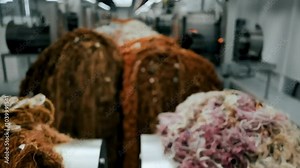 Machines shredding old fabrics, sorting fibers by type and color, and re-spinning them into new threads for sustainable production.