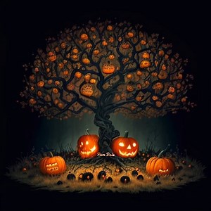 Fruit tree whose fruits are jack o lanterns. Made with Kaiber AI an online subscription service. | Pam's Gifs and Videos