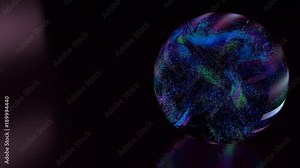 Color changing / flashing particles swirl around inside a glass sphere. 4K UHD abstract animation.