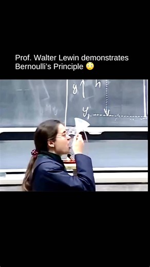education on Instagram: "Prof. Walter Lewin, the famous MIT physicist, often demonstrated Bernoulli’s Principle in his engaging lectures. Bernoulli’s Principle states that as the speed of a fluid increases, its pressure decreases. In his demonstrations, Lewin used simple yet striking experiments—such as blowing between suspended objects or directing airflow over a sheet of paper—to show how faster-moving air creates lower pressure, causing objects to move together or lift. His style of teaching 