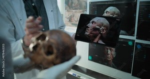 Scientists study anatomy of fossil skull using tablet computer with 3D model of prehistoric man head, work in archaeological laboratory. Board with printed images of ancient humans in the background.