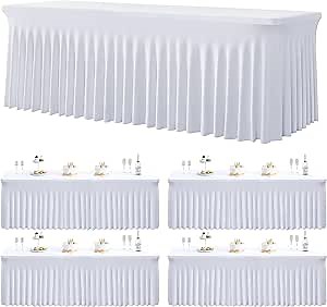 4 Pack Spandex White Tablecloths for 8 Foot Rectangle Tables, Wrinkle Free Fitted Table Cloth 8ft Stretchy Tablecover Desk Skirt for Parties Weddings Birthday Banquet Baby Shower