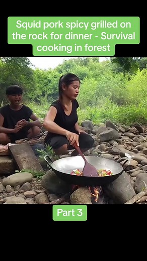 Squid pork spicy grilled on the rock for dinner - Survival cooking in forest part 3. #kooking #survival #food #foryou