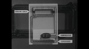 1960s: Animated diagram of refrigerant moving through refrigerator, compressor pointed out. Refrigerator door opened.