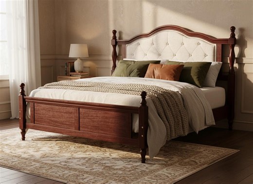 Queen Size Cherry Wood Bed Frame With Upholstered Headboard, Classic Panel Footboard, Sturdy Platform Support & Under Bed Storage - Etsy