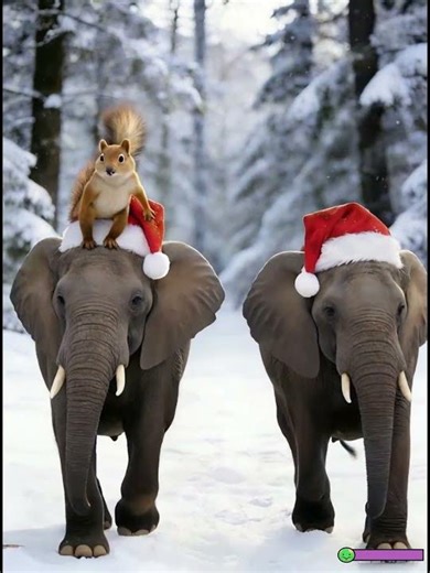 Two squirrels are riding on an elephant and playing.