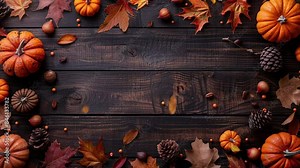 Happy Thanksgiving text space with pumpkins and leaves over the edge as a frame. Blank space for text or copy space. Greeting card video.