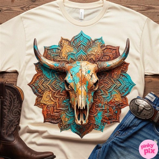 Western Turquoise Bull Skull PNG Design: Boho Mandala Brushstroke Rustic Hand-painted Trending Digital Download - Etsy