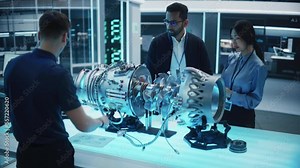 Young Team of Engineers and Machinery Operators Collaborate on a New Type of a Gas Turbine Engine, Standing with Tablet Computer and Electronic Gadget in Scientific Technology Lab. High Angle.