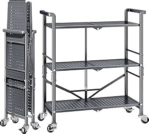 3 Tier Rolling Utility Foldable Cart - Metal Folding Cart with Wheels, Collapsible Service Cart Storage Shelf Rack for Kitchen Office Garage Plant Outdoor cart, Gray