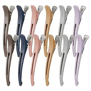 12pcs Duck Billed Hair Clips for Styling Sectioning Rollers Blowout Cutting - Professional Salon Clips with Silicone Band for Stylists Hairdressers Thick Long Hair – Ashen 6 Colors 4.48” Long