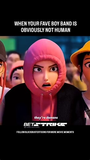 Blockbuster Toons on Instagram: "🎬 Movie: K-Pop Demon Hunters (2024) 🎥 Scene: “They’re Demons 💀😂” — First Encounter at First Run Plaza Mina, Sora, and Ji-eun watch the K-pop trio Jihoon, Minjun, and Yohan perform. Mina immediately suspects something supernatural — “They’re demons!” — while her friends get dazzled by the flashy dance and charm. 📖 Summary: The girls notice the trio doing kind acts but still feel uneasy. Mina’s suspicion grows as she tries to reconcile their sweetness with her