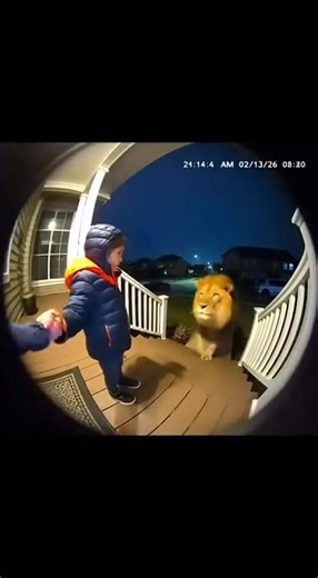 A young child stands on their front porch at night, casually feeding a massive lion a steak like it's a pet dog. The ring camera captures this unbelievable moment as the wild predator gently takes the meat from the kid's hand.