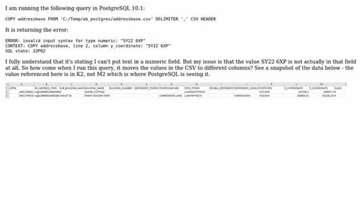 GIS: PostgreSQL COPY command shifting CSV values into wrong column