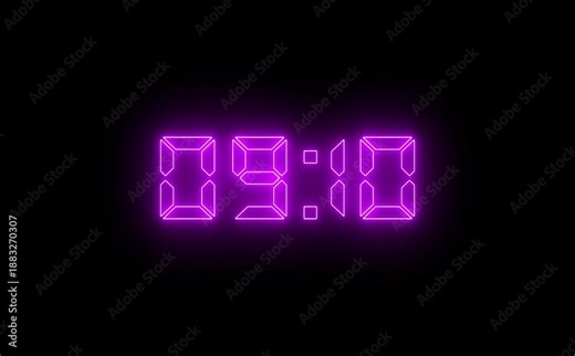 Animation of glowing neon 10 minute countdown timer. 10 minute stopwatch, analog neon clock icon animation for time management concept