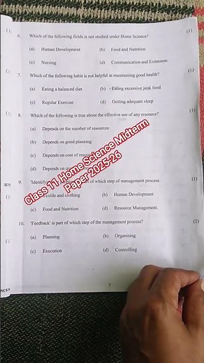 Class 11 home Science midterm exam paper 2025-26/home Science mid term paper 27/9/2025 class 11 cbse