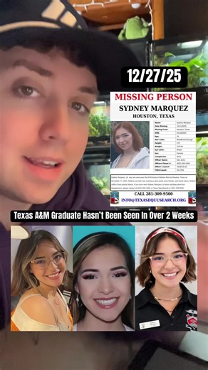 24-year-old #SydneyMarquez has been missing since December 11, 2025, after she was last seen walking near a shopping center on the 9100 block of Bellaire Boulevard in Houston, Texas. Her vehicle was later found abandoned, still running, with her belongings and phone inside. Her family has stated that she may have been experiencing a mental health episode and was not taking her medication, raising serious safety concerns. They have urged anyone with information to contact authorities. If you have