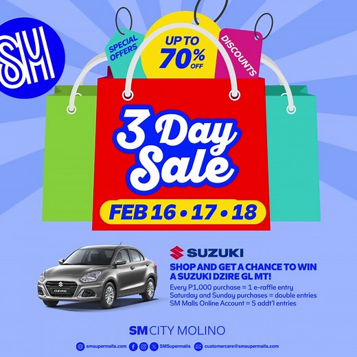 65 reactions · 31 shares | Craving for 3 DAYS of sweet deals, sweeter laughs, and the sweetest memories? Well, get ready ‘cos #SM3DaySale is BACK!  Unwrap the gift of amazing finds and #ExperienceTogetherAtSM a bouquet of discounts up to 70% OFF this February 16 to 18! ️ It’s not too late to celebrate #LuckInLoveAtSM so come and maybe, you’ll bump into that special someone... or a lucky discount.  #EverythingsHereAtSM | SM City Molino | Facebook