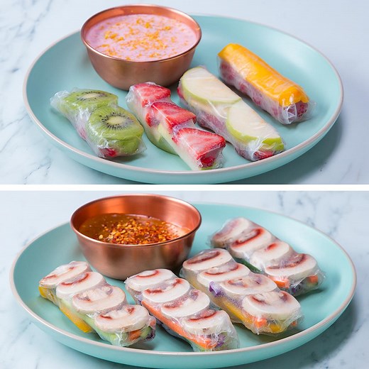 These spring rolls are the perfect combination of sweet and savoury! 😋 see and shop the recipe: https://tasty.co/buy/fruit-spring-rolls-with-strawberry-lemonade-dip | Tasty