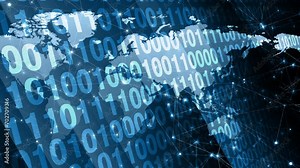 Binary code and world map exploring intersection of cyber security, artificial intelligence, and digital technology in age of cybercrime and data security