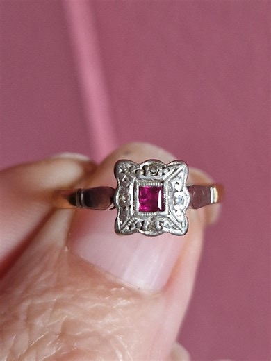 123C Rare Ruby Square Set Diamond 9ct Gold Platinum Art Deco Ring Size P/8 - Etsy