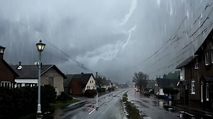 Heavy Rain and Lightning Storm in a Small Town | Premium Stock Video Footage
