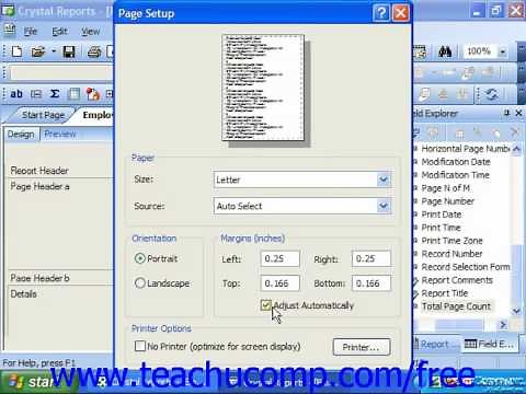 Crystal Reports Tutorial Page Setup Business Objects Training Lesson 8.2