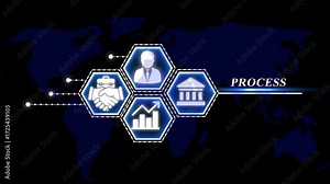 Global business process flow chart with handshake graph and bank icons on world map background Stock Video