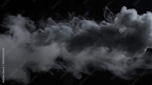 A thick, billowing cloud of white vapor flows from left to right on a black screen