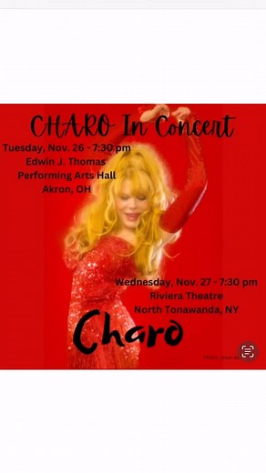 Charo | Hola amigos I’m so excited to go back on the road with my new show Charo In Concert, Tue. Nov. 26 at Edwin Thomas Hall in Akron Ohio and... | Instagram