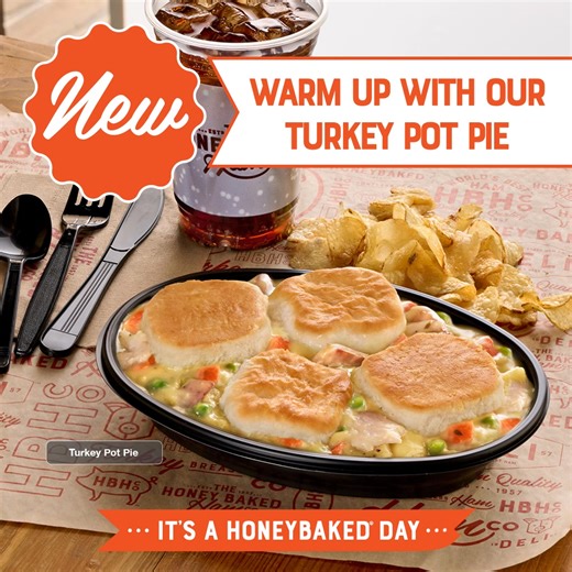 Get a taste of our Turkey Pot Pie – signature roasted turkey, veggies & buttermilk biscuits. A perfectly sized winter lunch. | The Honey Baked Ham Company