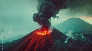 Animation of a dramatic eruption of a volcano with magma, spewing molten lava and ash under a stormy sky, illuminating the dark atmosphere with an ominous glow.