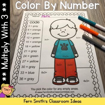 Multiply With 3 Color By Numbers Worksheets for Third Grade