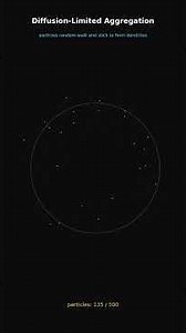 Diffusion-limited aggregation. Particles random-walk until they touch a growing cluster, then sti...