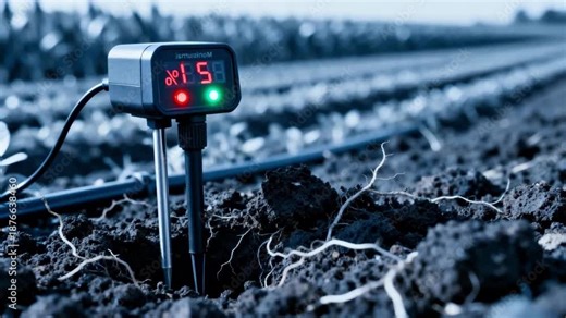 Closeup of sensors placed in soil measuring moisture levels to optimize water usage in a modern agricultural setup.