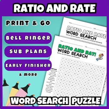 Ratio and Rate Word Search Printable Math Vocabulary Activity Middle School
