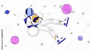 Brave astronaut in outer space line cartoon animation. Cosmos exploration 4K video motion graphic. Cosmonaut among planets and stars 2D linear animated character isolated on white background Stock Video