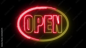 Open Neon Sign Background Seamless Looping/ 4k animation of a neon open sign blinking for night storefront, restaurant, motel and night business, yellow and red light on green scree