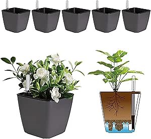 T4U 5.5 Inch Self Watering Plastic Planter with Water Level Indicator Pack of 6 - Grey, Modern Decorative Planter Flower Pot for House Plants, Herbs, Aloe, African Violets, Succulents and More