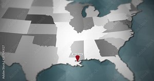 Modern United States motion graphics map - New Orleans City Pin Location Animation