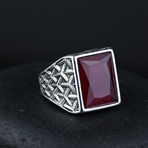Silver Engraved Ruby Stone Ring, Square Natural Ruby Stone Ring, Turkish Ottoman Style Handmade Ring, 925k Sterling Silver Ring, Men Gift - Etsy